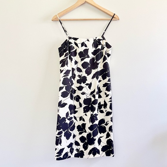 Vintage Ann Taylor Preppy Black White 100% Silk 90s Y2K Floral Satin Mini Dress - Picture 1 of 6